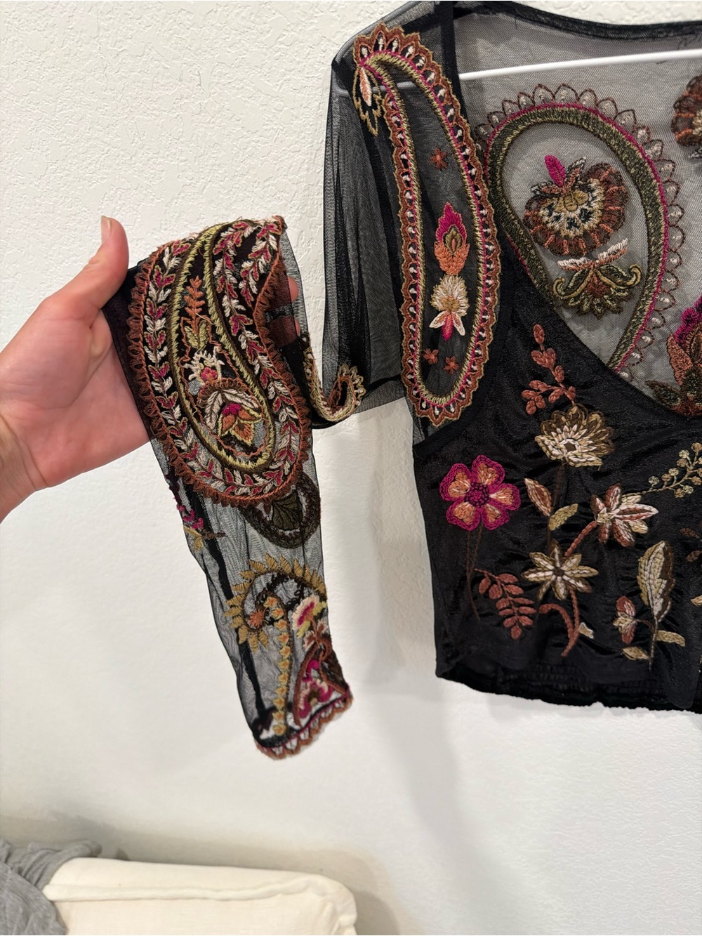 Free People Black Sheer Embroidered Floral Crop Top with Pink & Gold Accents - Picture 2 of 4